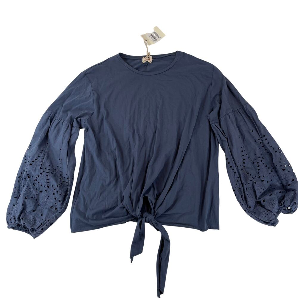 Grace & Emma Treat Yourself Top Eyelet Puff Sleeve Navy Blue 2XL Women Knot